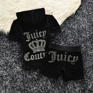 Juicy Couture Studded Logo Crown Velour Tracksuits 608 2pcs Women Suits Black