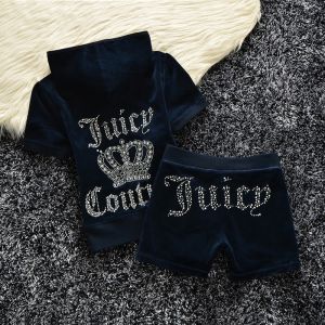 Juicy Couture Studded Logo Crown Velour Tracksuits 608 2pcs Women Suits Navy Blue