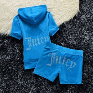 Juicy Couture Studded Juicy Logo Velour Tracksuits 670 2pcs Women Suits Blue