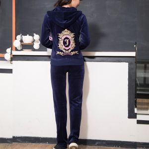 Juicy Couture Embroidery Floral Velour Tracksuits 7153 2pcs Women Suits Navy Blue