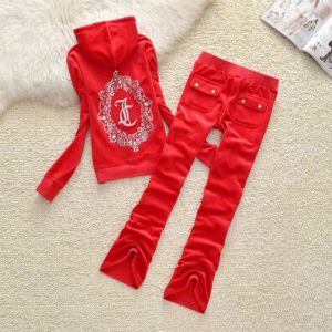 Juicy Couture JC Mirror Cameo Velour Tracksuits 7299 2pcs Women Suits Red