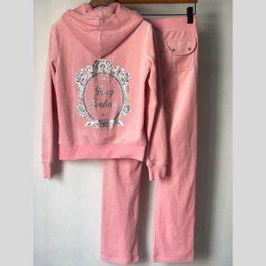 Juicy Couture Floral Mirror Cameo Velour Tracksuits 2pcs Women Suits Pink